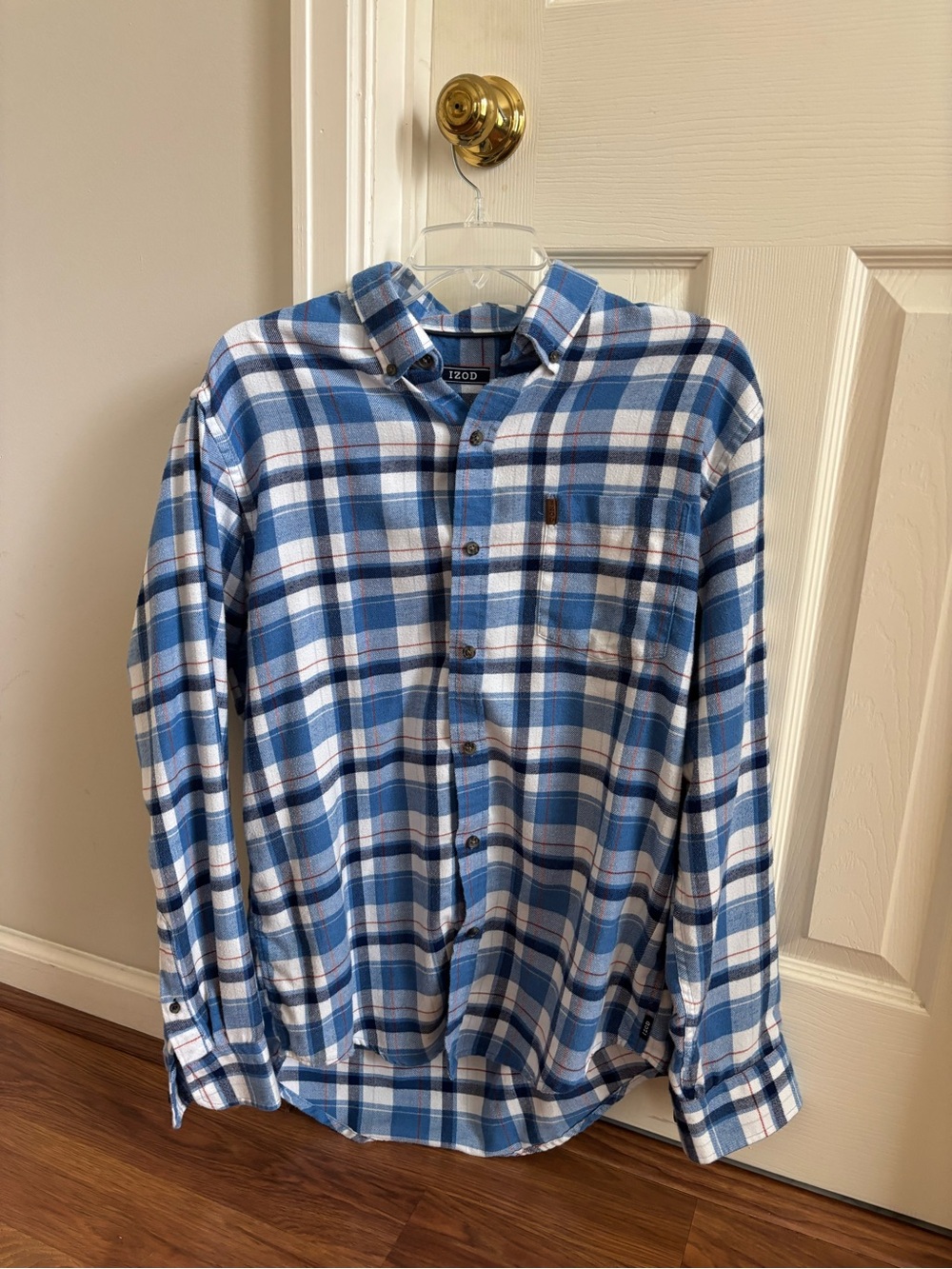 Izod Blue and White Plaid Long-Sleeve Button-Down Shirt